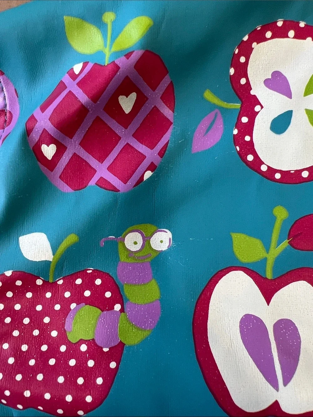Hatley teal apple and worm print hooded raincoat girls 2T lined